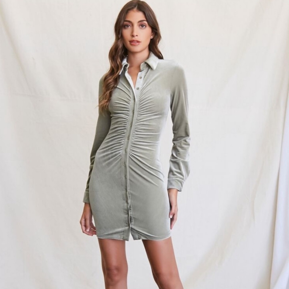NWT•Forever 21 Velvet Button Down Long Sleeve Mini Shirt Dress•Sage Green•Large